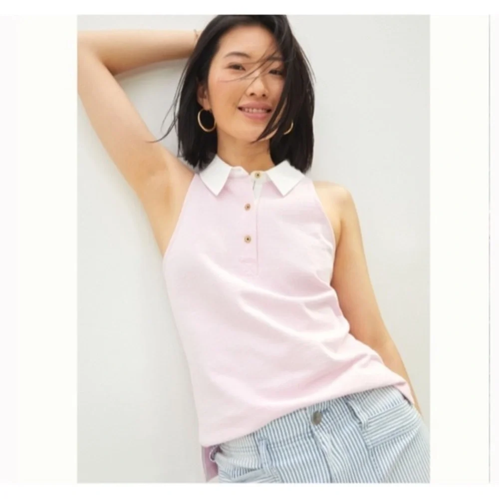 Maeve Anthropologie Rigby Polo Tank Pink White Sleeveless Cotton Sz Large NWT
